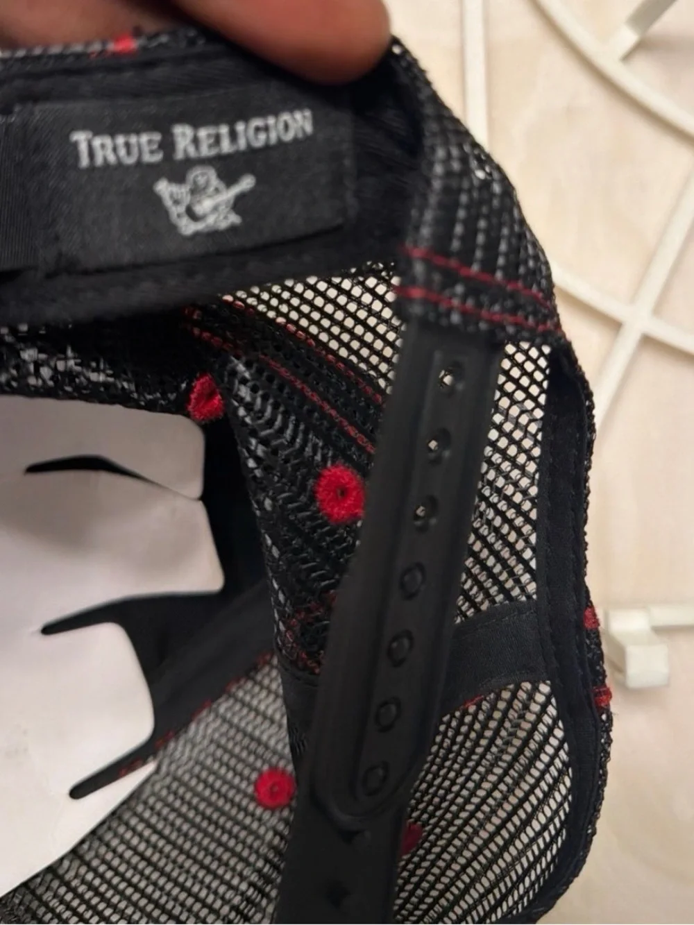 True Religion Black and Red Logo Patch Trucker Hat